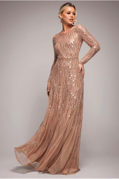 Ombre Sequin Beaded Flared Long Sleeve Maxi Dress - Champagne | Goddiva Ombre Sequin Beaded Flared Long Sleeve Maxi Dress - Champagne | Goddiva