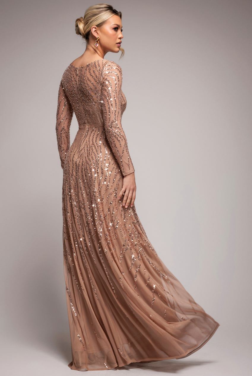 Ombre Sequin Beaded Flared Long Sleeve Maxi Dress - Champagne DR4782