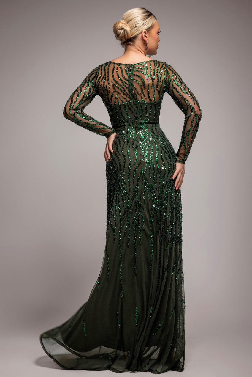 Ombre Sequin Beaded Flared Long Sleeve Maxi Dress - Olive Green DR4782
