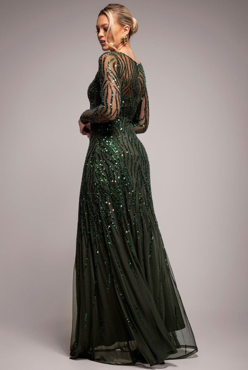 Ombre Sequin Beaded Flared Long Sleeve Maxi Dress - Olive Green DR4782