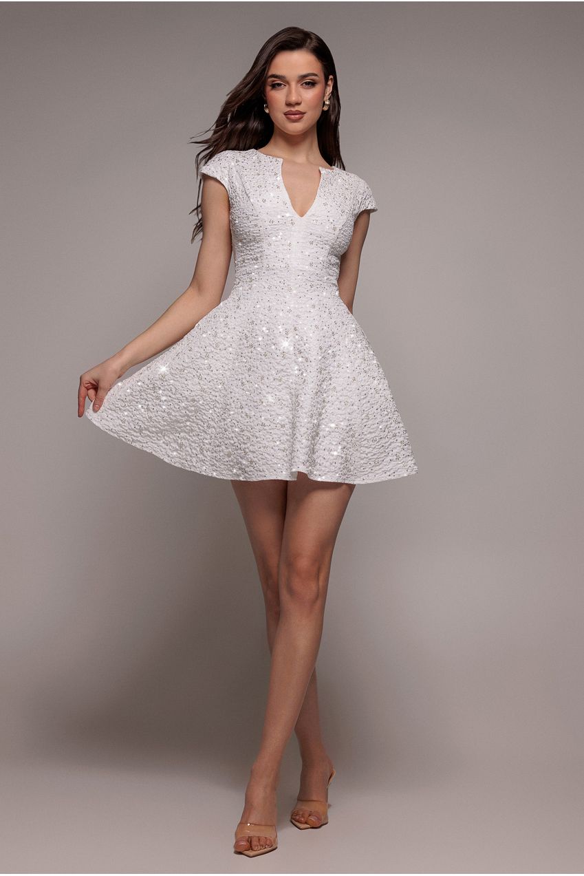 Bead Embellished Jacquard Skater Mini Dress - White DR4785