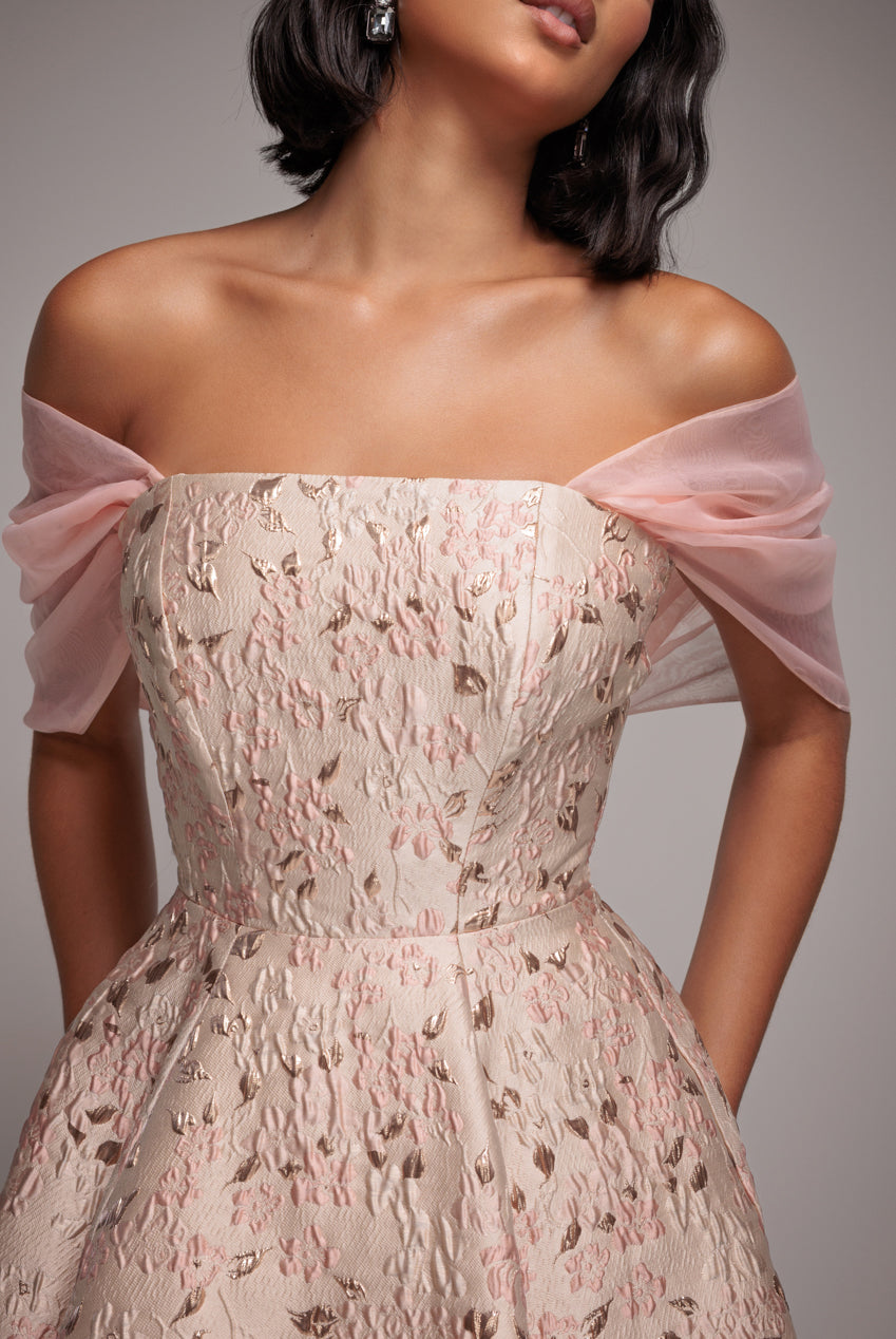 Lace Up Jacquard Midi Dress With Organza Wings - Blush Pink DR4791