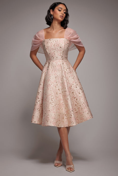 Lace Up Jacquard Midi Dress With Organza Wings - Blush Pink by Goddiva