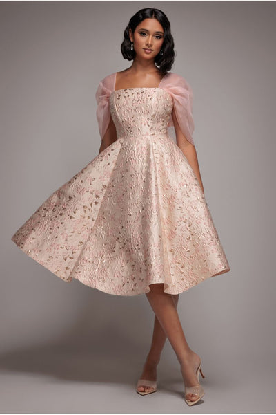 Lace Up Jacquard Midi Dress With Organza Wings - Blush Pink by Goddiva