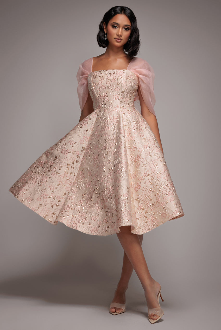 Lace Up Jacquard Midi Dress With Organza Wings - Blush Pink DR4791