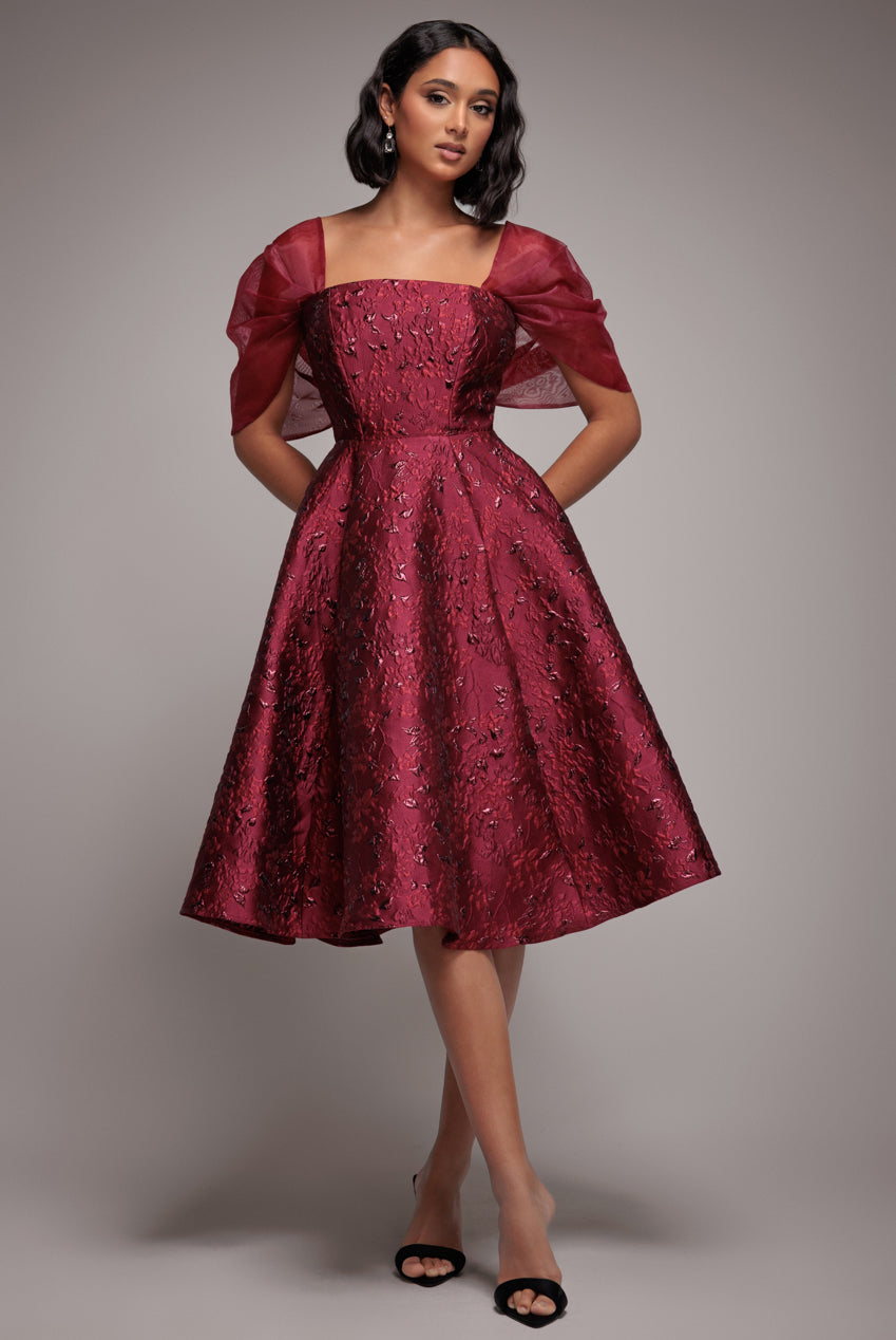 Lace Up Jacquard Midi Dress With Organza Wings - Burgundy Red DR4791