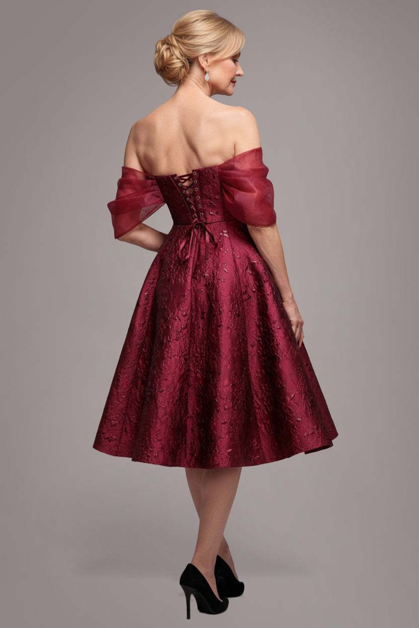 Lace Up Jacquard Midi Dress With Organza Wings - Burgundy Red DR4791M