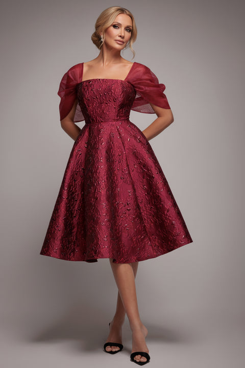 Lace Up Jacquard Midi Dress With Organza Wings - Burgundy Red by Goddiva