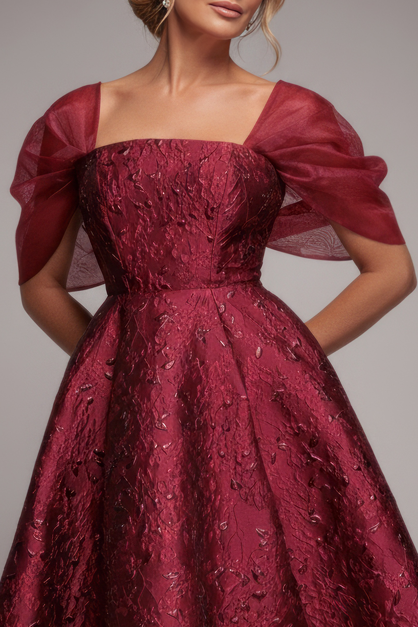 Lace Up Jacquard Midi Dress With Organza Wings - Burgundy Red DR4791M
