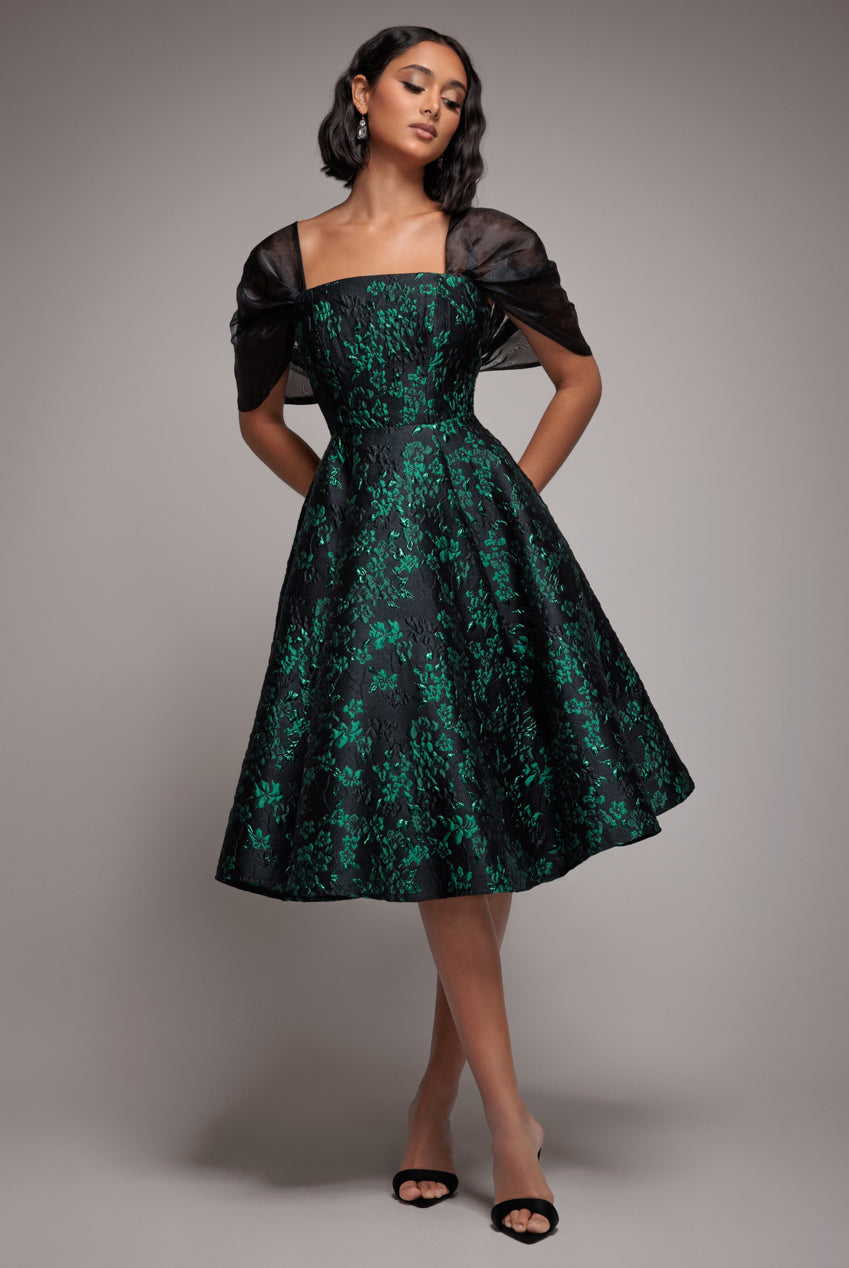 Lace Up Jacquard Midi Dress With Organza Wings - Emerald Black DR4791