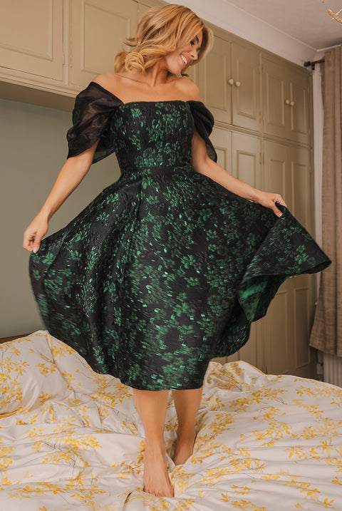 Lace Up Jacquard Midi Dress With Organza Wings - Emerald Black by Goddiva