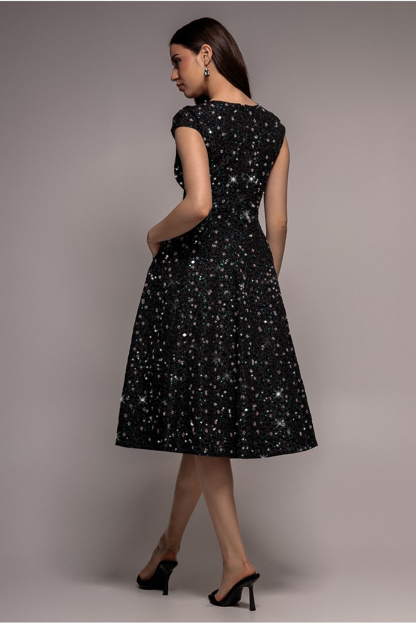 Bead Embellished Jacquard A Line Midi Dress - Black DR4795