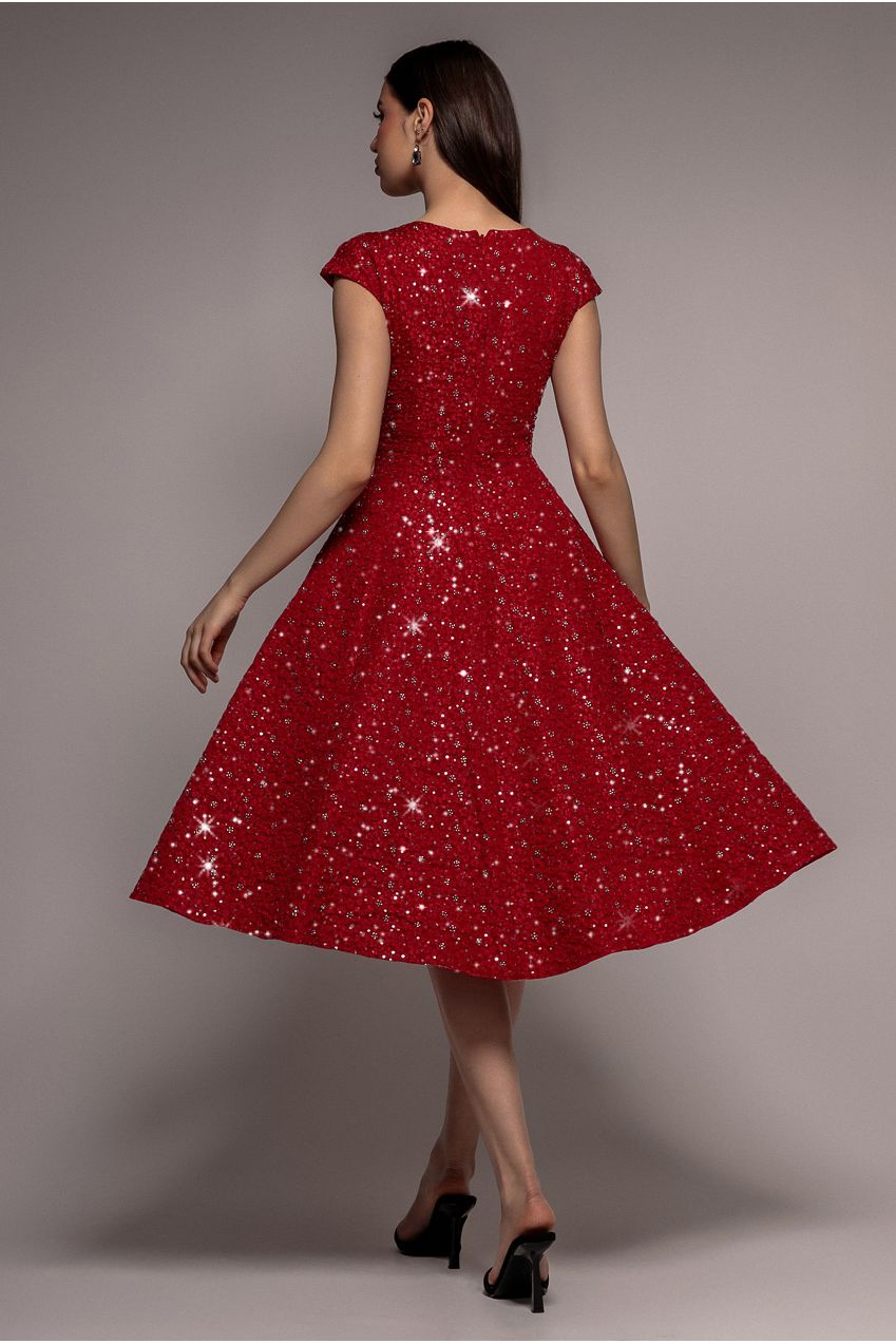Bead Embellished Jacquard A Line Midi Dress - Red DR4795