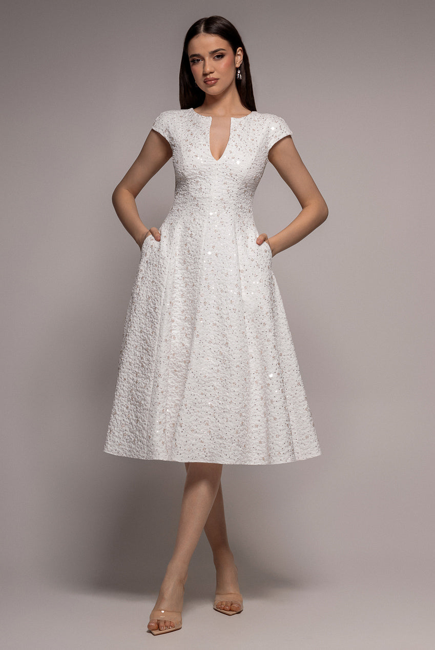 Bead Embellished Jacquard A Line Midi Dress - White DR4795