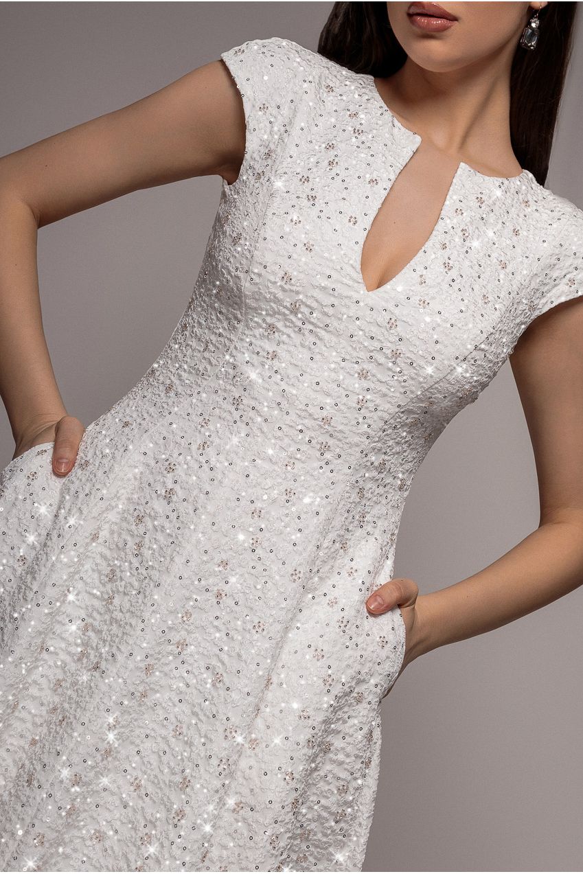 Bead Embellished Jacquard A Line Midi Dress - White | Goddiva Bead Embellished Jacquard A Line Midi Dress - White | Goddiva