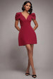 Plunging Neck Pleated Sleeve Scuba Mini Dress - Burgundy Red by Goddiva