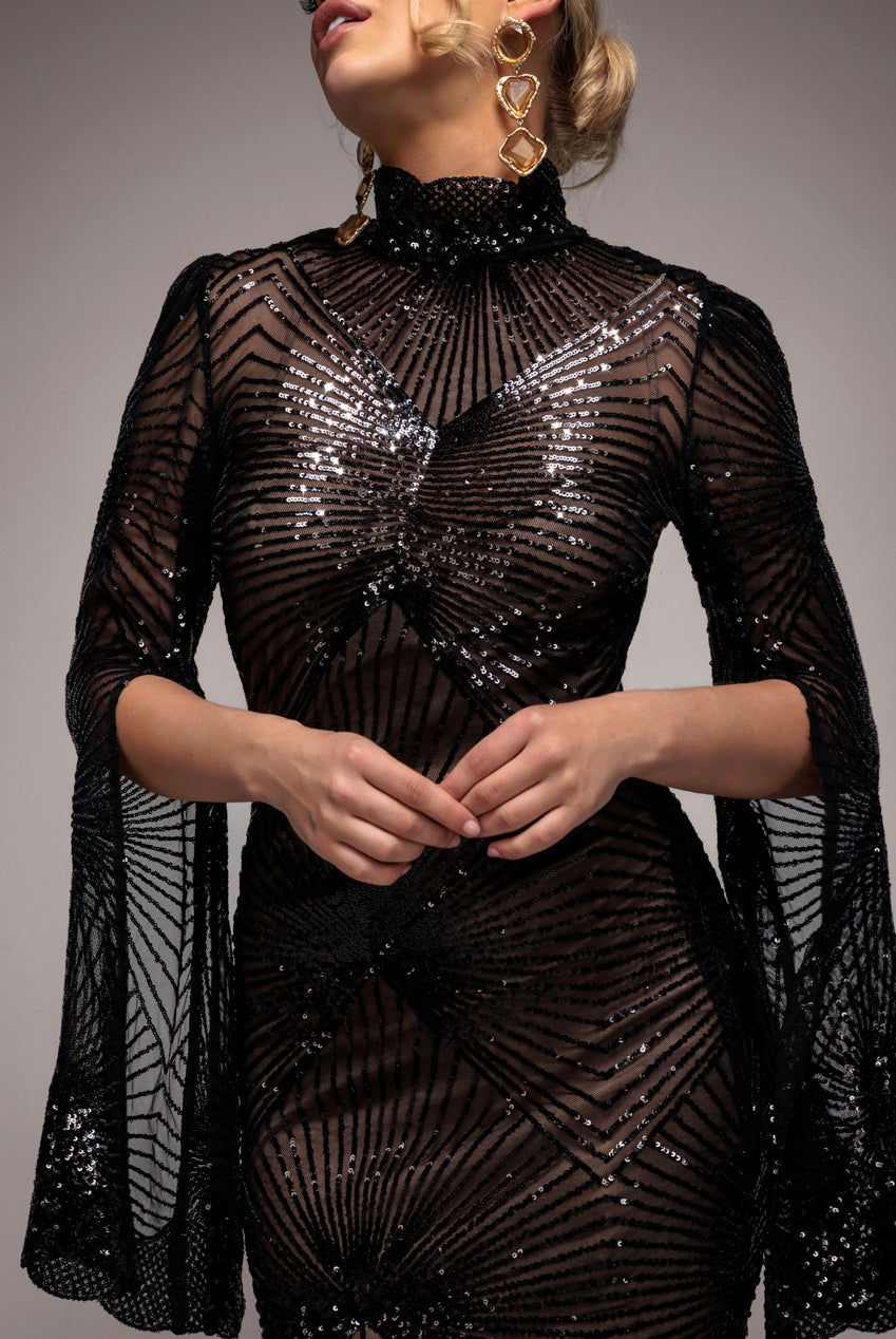 Sequin Starburst Cape Sleeve Midi Dress - Black DR4799