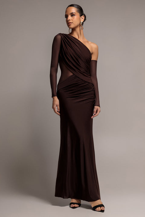 Gathered Cowl Asymmetric Mesh And Soft Touch Maxi Dress - Brown by Goddiva
