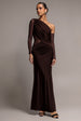 Gathered Cowl Asymmetric Mesh And Soft Touch Maxi Dress - Brown by Goddiva