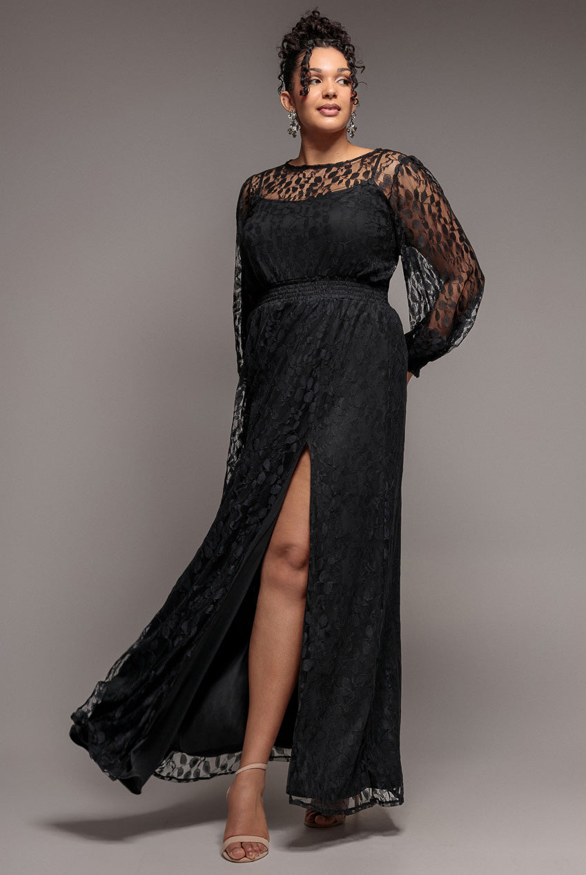 Lace Long Sleeve Shirred Waist Maxi Dress - Black DR4805PLUS