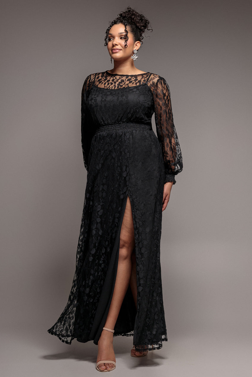 Lace Long Sleeve Shirred Waist Maxi Dress - Black DR4805PLUS