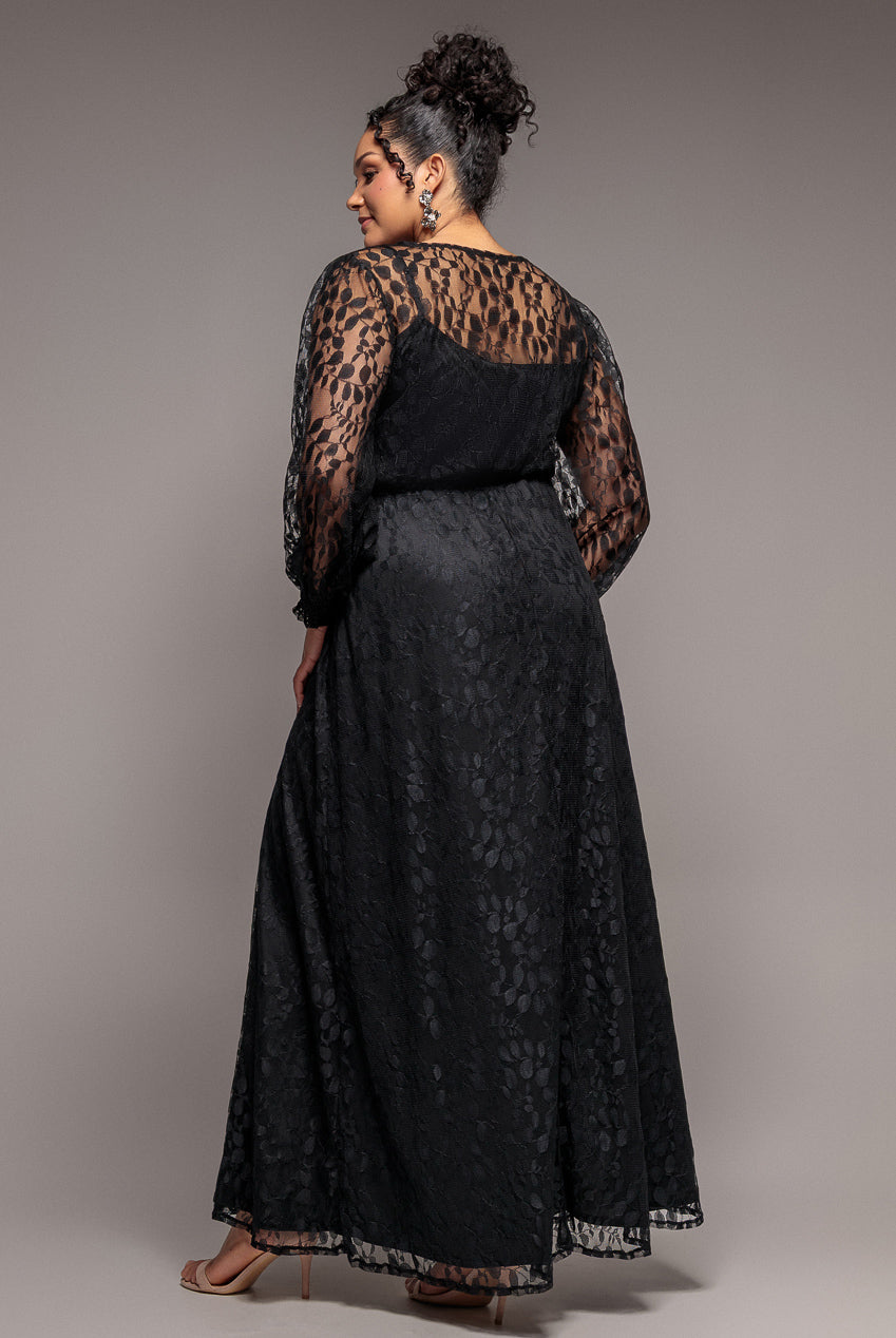 Lace Long Sleeve Shirred Waist Maxi Dress - Black DR4805PLUS