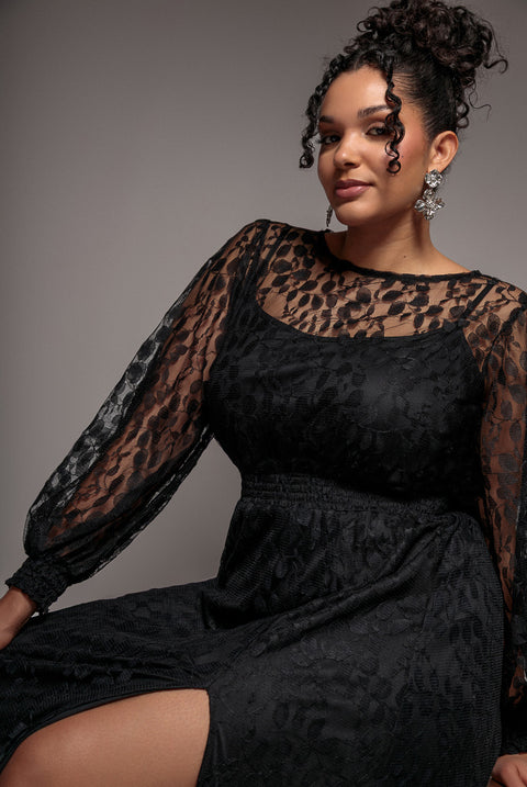 Lace Long Sleeve Shirred Waist Maxi Dress - Black by Goddiva Plus