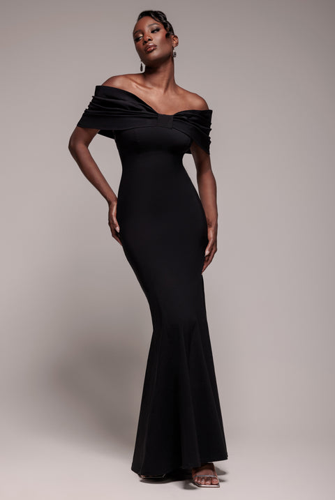 Bardot Bow Neck Maxi Dress - Black by Goddiva
