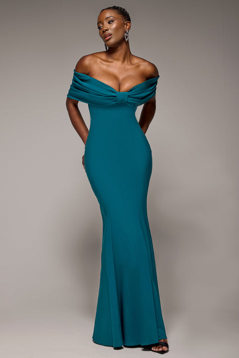 Bardot Bow Neck Maxi Dress - Emerald Green by Goddiva