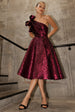 One Shoulder Frill Jacquard Skater Midi Dress - Burgundy Red by Goddiva