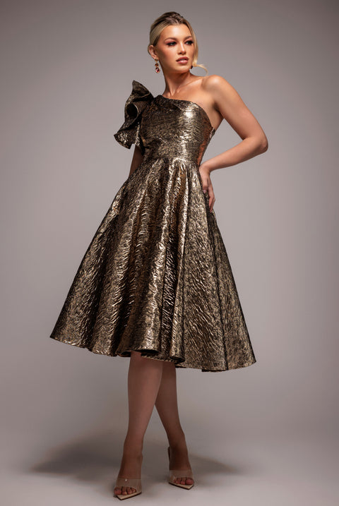 One Shoulder Frill Jacquard Skater Midi Dress - Bronze Gold by Goddiva