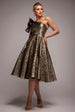 One Shoulder Frill Jacquard Skater Midi Dress - Bronze Gold by Goddiva