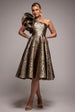 One Shoulder Frill Jacquard Skater Midi Dress - Bronze Gold by Goddiva