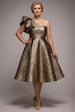 One Shoulder Frill Jacquard Skater Midi Dress - Bronze Gold by Goddiva