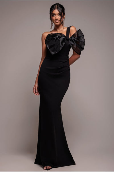 Black - Organza Bow One Shoulder Scuba Crepe Maxi Dress - Black by Goddiva