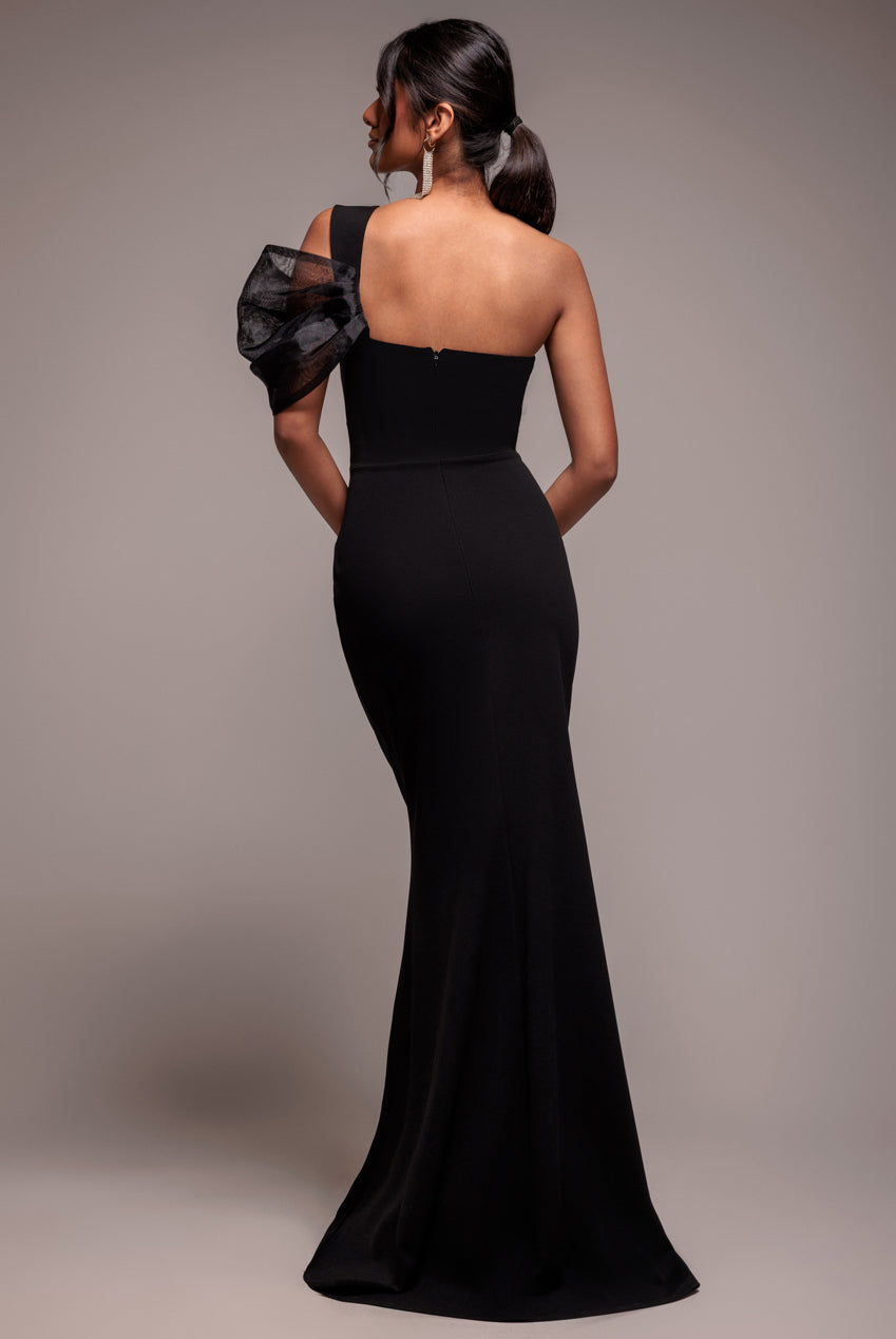 Organza Bow One Shoulder Scuba Crepe Maxi Dress - Black DR4812
