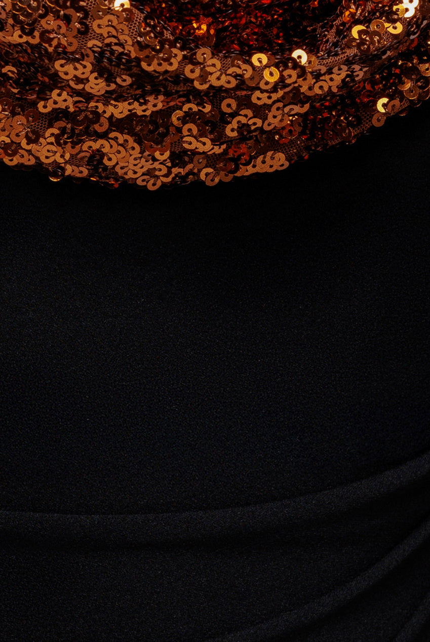 Cowl One Shoulder Contrast Sequin & Scuba Crepe Maxi Dress - Bronze DR4815