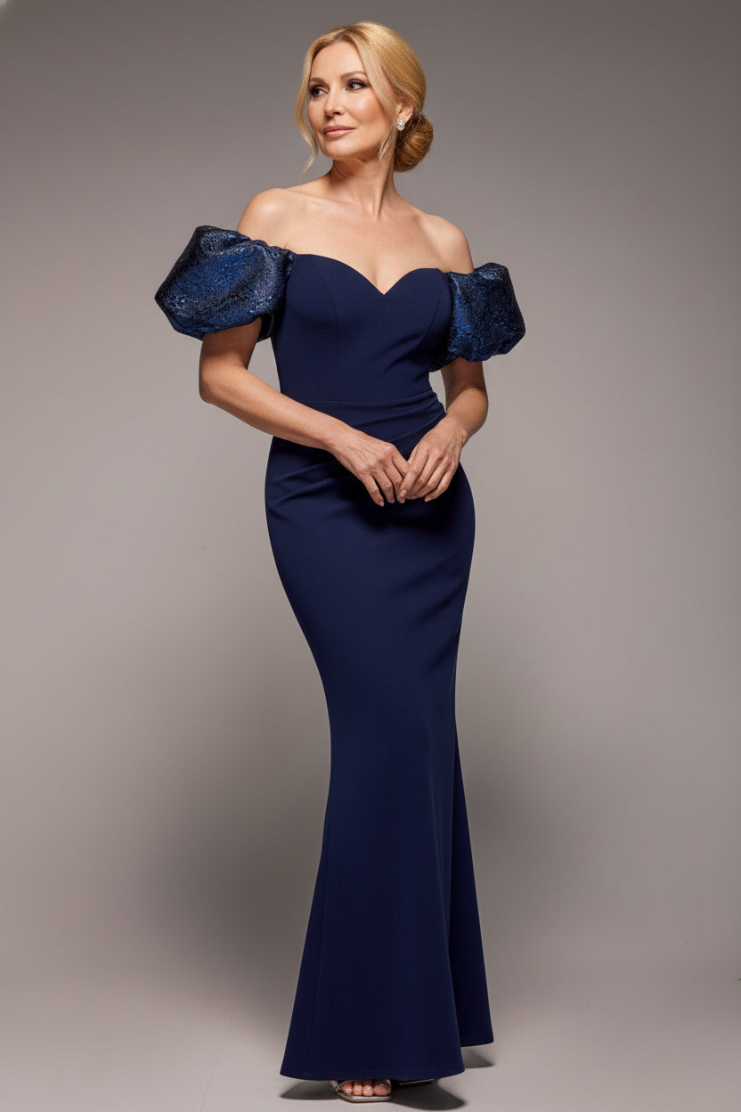 Jacquard Puff Sleeve Sweetheart Scuba Maxi Dress - Navy Blue DR4819M