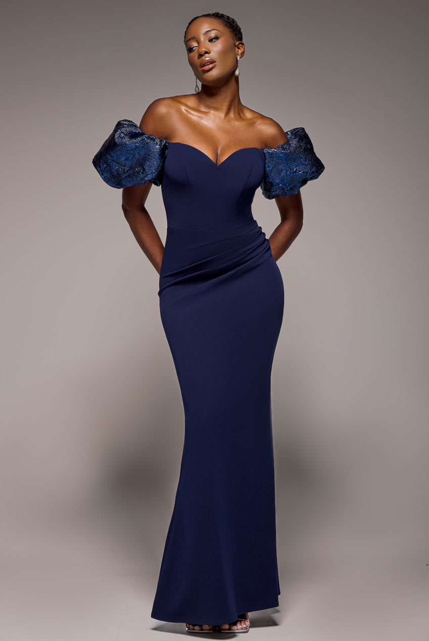 Jacquard Puff Sleeve Sweetheart Scuba Maxi Dress - Navy Blue DR4819