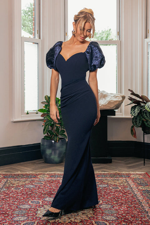 Jacquard Puff Sleeve Sweetheart Scuba Maxi Dress - Navy Blue by Goddiva