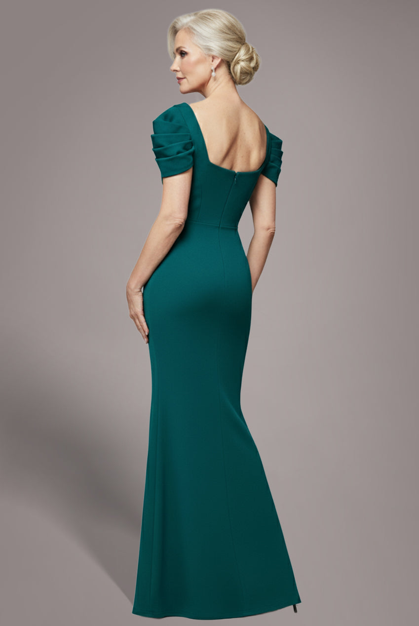 Plunging Neck Pleated Sleeves Scuba Maxi Dress - Emerald Green DR4820M