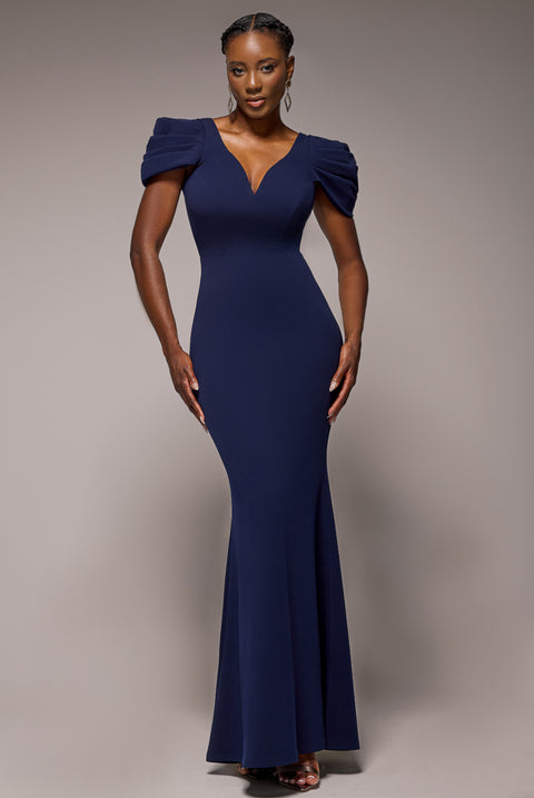 Plunging Neck Pleated Sleeves Scuba Maxi Dress - Navy Blue by Goddiva
