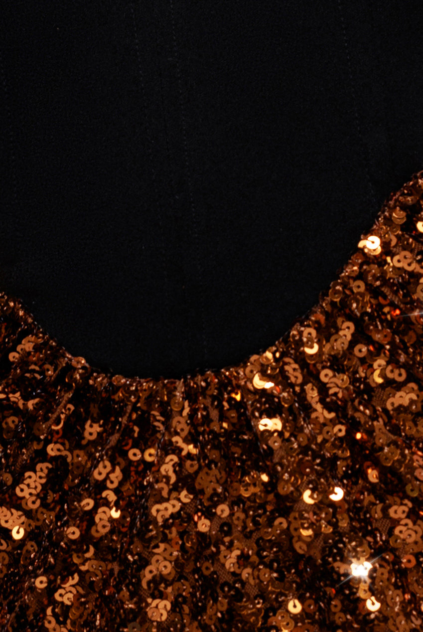 Scuba Crepe & Sequin Dipped Waist Strapless Maxi Dress - Bronze DR4822