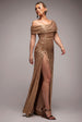 Off The Shoulder Sequin Cowl Drawstring Maxi Dress - Gold by Goddiva