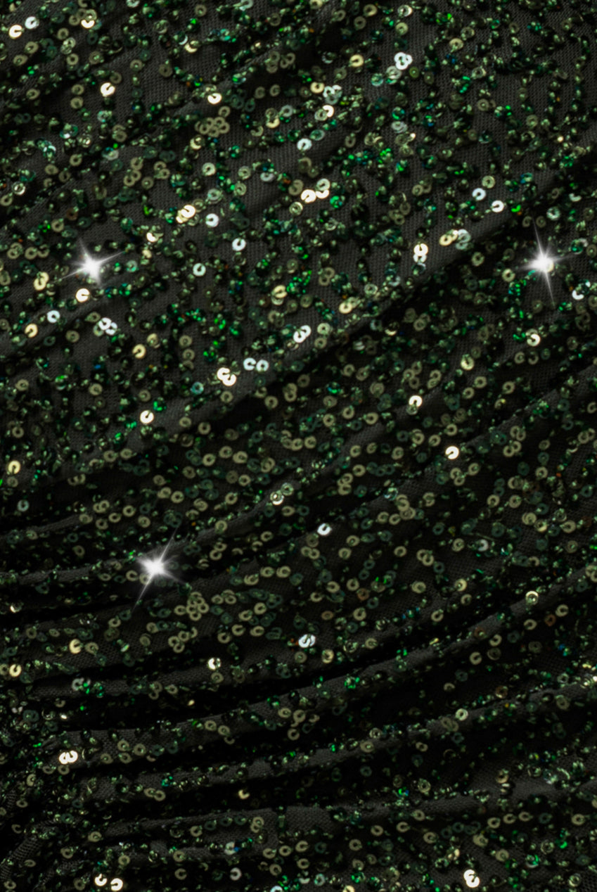 Off The Shoulder Sequin Cowl Drawstring Maxi Dress - Olive Green DR4824