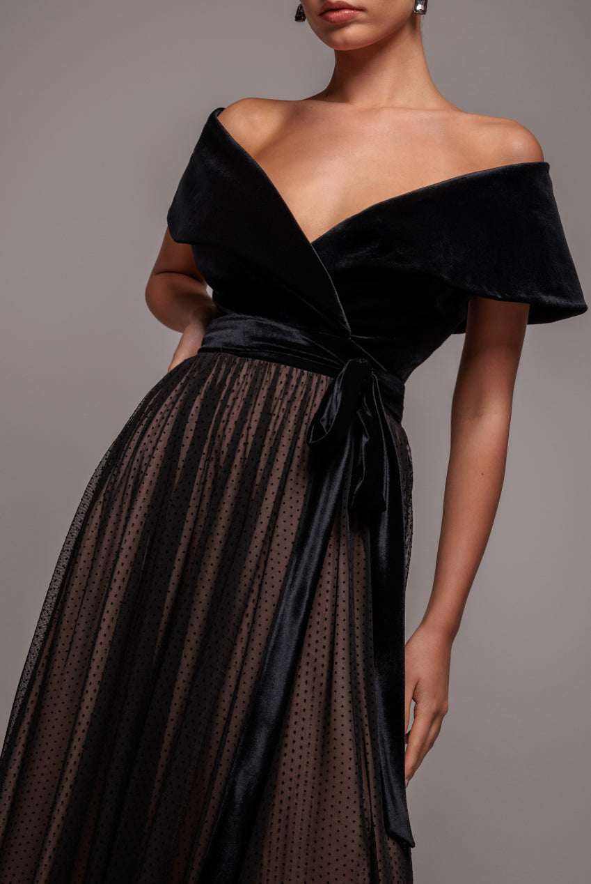 Velvet Bardot Dobby Mesh A Line Maxi Dress - Black DR4827