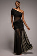 Gathered One Shoulder Sheer Panel Maxi Dress - Black by Goddiva