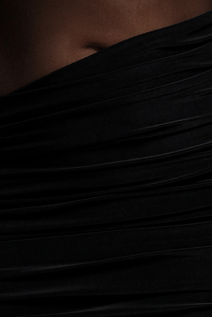 Gathered One Shoulder Sheer Panel Maxi Dress - Black DR4828