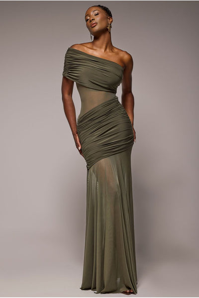 Gathered One Shoulder Sheer Panel Maxi Dress - Khaki Green by Goddiva