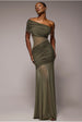 Gathered One Shoulder Sheer Panel Maxi Dress - Khaki Green by Goddiva